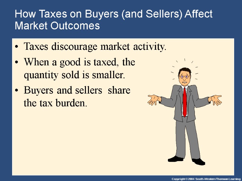 How Taxes on Buyers (and Sellers) Affect Market Outcomes Taxes discourage market activity. When